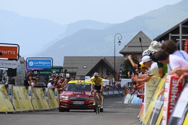 Criterium du Dauphine 2025 Stage 7 VALMEINIER 1800, FRANCE - JUNE 14 : Pogacar Tadej (SLO) of UAE Team Emirates - XRG wins the stage 7 of the 77th edition of Criterium du Dauphine Libere an UCI World Tour 2.UWT cycling road race stage for Men Elite of 131.6 km with start in Grand-Aigueblanche and finish in Valmeinier 1800 on June 14, 2025 in Valmeinier 1800, France, 14 06 2025 ( Motordriver Kenny Verfaillie - Valmeinier 1800 France  Copyright: xVincentxKalutx