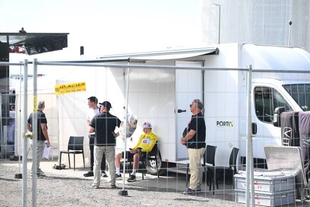 Criterium du Dauphine 2025 Stage 7 VALMEINIER 1800, FRANCE - JUNE 14 : Pogacar Tadej (SLO) of UAE Team Emirates - XRG in front of the antidoping control truck during stage 7 of the 77th edition of Criterium du Dauphine Libere an UCI World Tour 2.UWT cycling road race stage for Men Elite of 131.6 km with start in Grand-Aigueblanche and finish in Valmeinier 1800 on June 14, 2025 in Valmeinier 1800, France, 14 06 2025 ( Motordriver Kenny Verfaillie - Valmeinier 1800 France  Copyright: xVincentxKalutx
