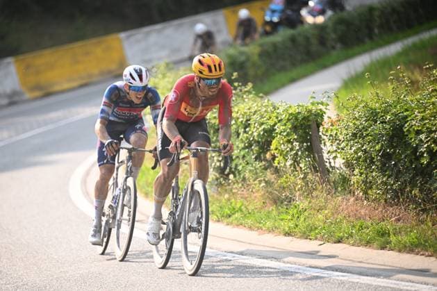 Dwars door het Hageland 2025 Cycling Race DIEST, BELGIUM - JUNE 14 : Tiller Rasmus (NOR) of Uno-X Mobility and Magnier Paul (FRA) of Soudal - Quick Step during the 13th edition of Dwars door het Hageland an UCI ProSeries 1.Pro one day cycling road race for Men Elite of 180 km with start in Aarschot and finish in Diest on June 14, 2025 in Diest, Belgium, 14 06 2025 ( Motordriver Stephan Boone - Diest Belgium  Copyright: xTomasxSiskx