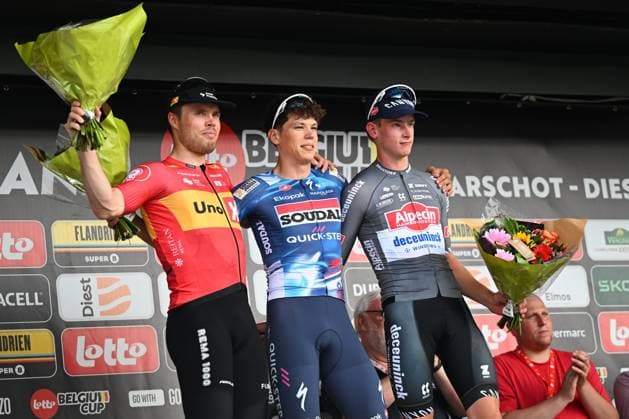Dwars door het Hageland 2025 Cycling Race DIEST, BELGIUM - JUNE 14 : Tiller Rasmus (NOR) of Uno-X Mobility, Magnier Paul (FRA) of Soudal - Quick Step and Del Grosso Tibor (NED) of Alpecin - Deceuninck during thepodium ceremony of 13th edition of Dwars door het Hageland an UCI ProSeries 1.Pro one day cycling road race for Men Elite of 180 km with start in Aarschot and finish in Diest on June 14, 2025 in Diest, Belgium, 14 06 2025 ( Motordriver Stephan Boone - Diest Belgium  Copyright: xTomasxSiskx