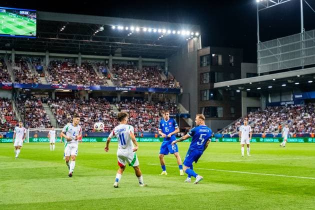 SLOVAKIA U21, U 21 - ITALY U21 Dominik Javorcek of Slovakia and Tommaso Baldanzi of Italy during the UEFA European Under-21 Championship 2025 Group A football match between Slovakia U21 and Italy U21. Stadium City Arena, Trnava, Slovakia, June 14, 2025. Photo by Branislav Racko Copyright: xx AS0I0764