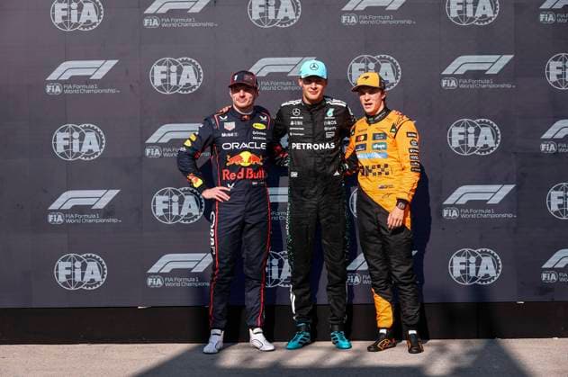 F1 - CANADIAN GRAND PRIX 2025 RUSSELL George (gbr), Mercedes AMG F1 Team W16, portrait, celebrating his pole position with VERSTAPPEN Max (ned), Red Bull Racing RB21 and PIASTRI Oscar (aus), McLaren F1 Team MCL39 during the Formula 1 Pirelli Grand Prix du Canada 2025, 10th round of the 2025 FIA Formula One World Championship, WM, Weltmeisterschaft from June 14 to 16, 2025 on the Circuit Gilles Villeneuve, in Montrà al, Canada - Montrà alCanada Copyright: xEricxAlonsox