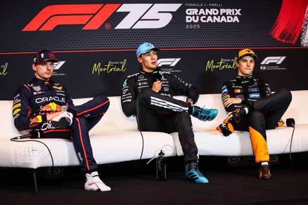 F1 - CANADIAN GRAND PRIX 2025 VERSTAPPEN Max (ned), Red Bull Racing RB21, portrait, RUSSELL George (gbr), Mercedes AMG F1 Team W16, portrait and PIASTRI Oscar (aus), McLaren F1 Team MCL39, portrait press conference, PK, Pressekonferenz during the Formula 1 Pirelli Grand Prix du Canada 2025, 10th round of the 2025 FIA Formula One World Championship, WM, Weltmeisterschaft from June 14 to 16, 2025 on the Circuit Gilles Villeneuve, in Montrà al, Canada - Montrà alCanada Copyright: xEricxAlonsox