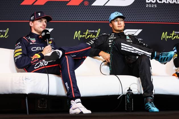 F1 - CANADIAN GRAND PRIX 2025 VERSTAPPEN Max (ned), Red Bull Racing RB21, portrait and RUSSELL George (gbr), Mercedes AMG F1 Team W16, portrait press conference, PK, Pressekonferenz during the Formula 1 Pirelli Grand Prix du Canada 2025, 10th round of the 2025 FIA Formula One World Championship, WM, Weltmeisterschaft from June 14 to 16, 2025 on the Circuit Gilles Villeneuve, in Montrà al, Canada - Montrà alCanada Copyright: xEricxAlonsox