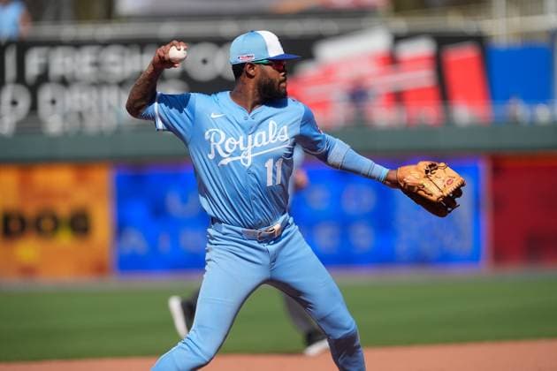 June 14, 2025: Kansas City Royals third base Maikel Garcia (11) throws across the diamond for the out in the 8th inning against the Athletics at Kauffman Stadium Kansas City, Missouri. CSM. Kansas City United States - ZUMAc04_ 20250614_zma_c04_006 Copyright: xJonxRobichaudx