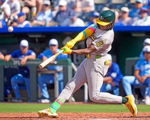June 14, 2025: Athletics outfielder Lawrence Butler (4) hits a solo home run in the 7th inning against the Royals at Kauffman Stadium Kansas City, Missouri. CSM. Kansas City United States - ZUMAc04_ 20250614_zma_c04_013 Copyright: xJonxRobichaudx