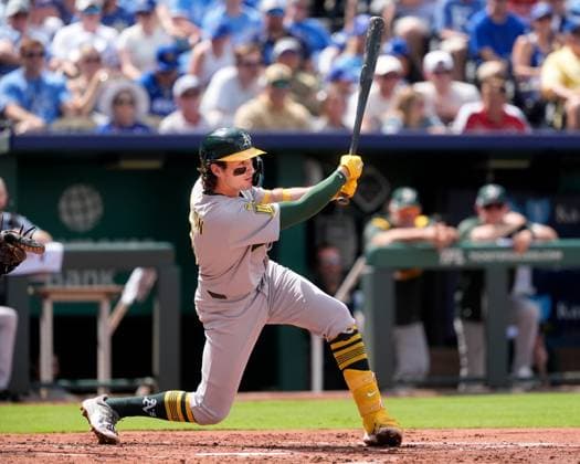 June 14, 2025: Athletics shortstop Jacob Wilson (5) drives a pitch against the Royals at Kauffman Stadium Kansas City, Missouri. CSM. Kansas City United States - ZUMAc04_ 20250614_zma_c04_020 Copyright: xJonxRobichaudx