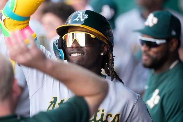 June 14, 2025: Athletics outfielder Lawrence Butler (4) celebrates a home run against the Royals at Kauffman Stadium Kansas City, Missouri. CSM. Kansas City United States - ZUMAc04_ 20250614_zma_c04_024 Copyright: xJonxRobichaudx