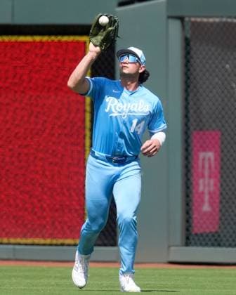 June 14, 2025: Kansas City Royals outfield Jac Caglianone (14) catches a fly ball against the Athletics at Kauffman Stadium Kansas City, Missouri. CSM. Kansas City United States - ZUMAc04_ 20250614_zma_c04_023 Copyright: xJonxRobichaudx