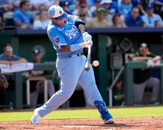 June 14, 2025: Kansas City Royals catcher Salvador Perez (13) hits a single in the 5th inning against the Athletics at Kauffman Stadium Kansas City, Missouri. CSM. Kansas City United States - ZUMAc04_ 20250614_zma_c04_026 Copyright: xJonxRobichaudx