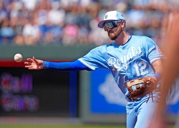 June 14, 2025: Kansas City Royals 2nd baseman Nick Loftin (12) fires to first for the out against the Athletics at Kauffman Stadium Kansas City, Missouri. CSM. Kansas City United States - ZUMAc04_ 20250614_zma_c04_025 Copyright: xJonxRobichaudx