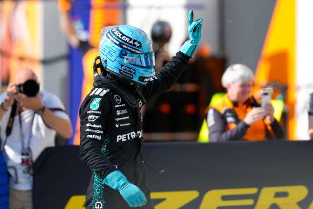 MOTORI - Formula 1 - Pirelli Grand Prix du Canada 2025 - Qualifying George Russell (GBR), Mercedes-AMG Petronas F1 Team, 63, smiles after winning the pole during qualifying during Pirelli Grand Prix du Canada 2025 - Qualifying, Formula 1 Championship in Montreal, Canada, June 14 2025 Montreal Canada  Copyright: xIPAxSport ABACAx