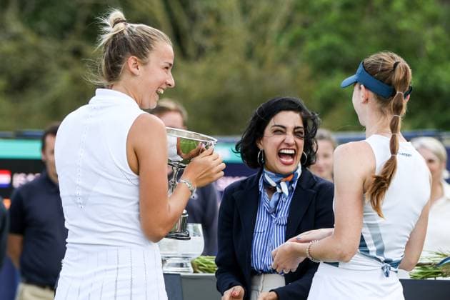 Ilkley Tennis Club, England, June 14th 2025: Isabelle Haverlag and Simona Waltert after the WTA, Tennis Damen 125 Lexus Ilkley Open doubles final match with Vitalia Diatchenko and Eden Silva with the winners? trophy at Ilkley Tennis Club in Ilkley, England on June 14th 2025. (Sean Chandler SPP) Copyright: xSeanxChandlerx xSPPx spp-en-SeChSp-WTA 125 Lexus Ilkley Open Doubles Final Ilkley Tennis Club-72F5A2047