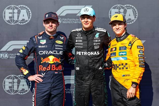 (250615) -- MONTREAL, June 15, 2025 -- Pole position qualifier Mercedes British driver George Russell (C), 2nd placed qualifier Red Bull s Dutch driver Max Verstappen (L) and 3rd placed qualifier McLaren s Australian driver Oscar Piastri pose after the qualifying session of the Formula One Canadian Grand Prix 2025 at the Circuit Gilles Villeneuve in Montreal, Canada, June 14, 2025. (Photo by Xinhua) (SP) CANADA-MONTREAL-F1-GRAND PRIX-QUALIFYING SongxHaiyuan 