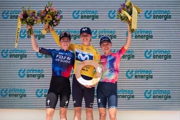Küssnacht, Schweiz, June 15, 2025 Podium after Tour de Suisse Women 1. REUSSER Marlen (MOVISTAR TEAM) 2. VOLLERING Demi (FDJ-SUEZ) 3. NIEWIADOMA Katarzyna Anna (CANYON SRAM ZONDACRYPTO) Stage 4, Tour de Suisse Women 2025 Host in Küssnacht SZ (Pascal von Büren SPP) Copyright: xPascalxvonxBürenx xSPPx spp-en-PaVoBSp-Pavo-TDS-Women-108