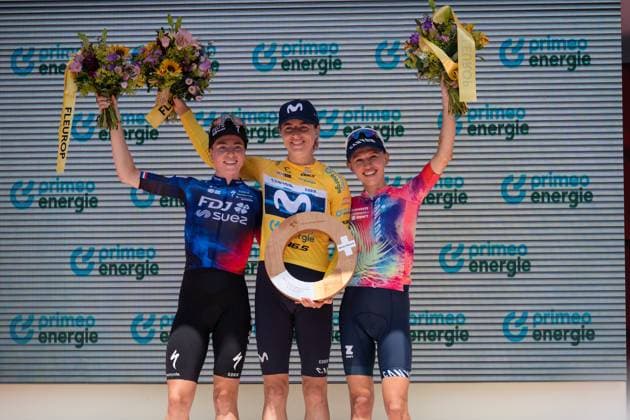 Küssnacht, Schweiz, June 15, 2025 podium after the Tour de Suisse 2025 1.REUSSER Marlen (MOVISTAR TEAM) 2. VOLLERING Demi (FDJ-SUEZ) 3. NIEWIADOMA Katarzyna Anna (CANYON SRAM ZONDACRYPTO) (Pascal von Büren SPP) Copyright: xPascalxvonxBürenx xSPPx spp-en-PaVoBSp-Pavo-TDS-Women-124
