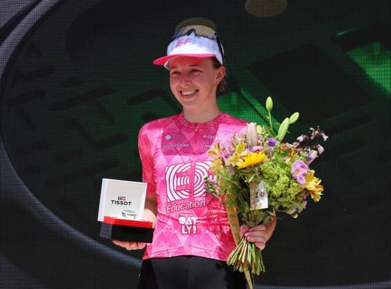 15.06.2025 Schweiz, Tour de Suisse Women 4.Eutappe Kuessnacht SZ. - Kuessnacht SZ,Bild : Bild : Ausreisserkoenigin Kristen Faulkner (USA) Team EF Edacation-Oatly Einzelbild