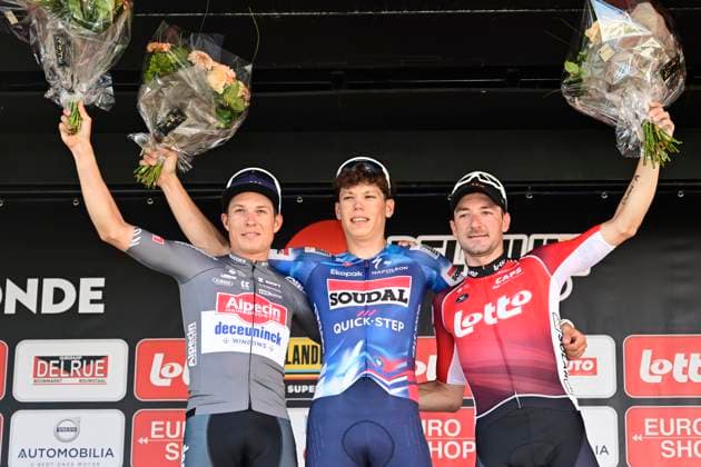 Elfstedenronde 2025 Cycling Race BRUGGE, BELGIUM - JUNE 15 : Philipsen Jasper (BEL) of Alpecin-Deceuninck, Magnier Paul (FRA) of Soudal - Quick Step and Viviani Elia (ITA) of Lotto Cycling Team pictured during the podium ceremony of the 43th edition of Elfstedenronde an UCI Class 1.1 one day cycling road race for Men Elite of 196 km with start in Brugge and finish in Brugge on June 15, 2025 in Brugge, Belgium, 15 06 2025 ( Motordriver Guy De Vuyst - Brugge Belgium  Copyright: xNicoxVereeckenx