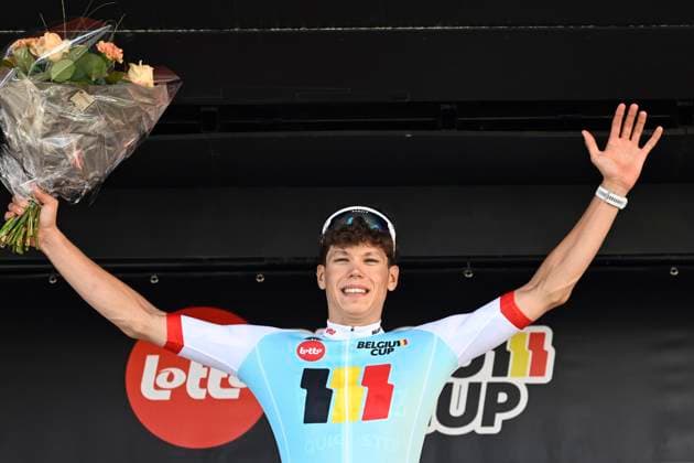 Elfstedenronde 2025 Cycling Race BRUGGE, BELGIUM - JUNE 15 : Magnier Paul (FRA) of Soudal - Quick Step pictured during the podium ceremony of the 43th edition of Elfstedenronde an UCI Class 1.1 one day cycling road race for Men Elite of 196 km with start in Brugge and finish in Brugge on June 15, 2025 in Brugge, Belgium, 15 06 2025 ( Motordriver Guy De Vuyst - Brugge Belgium  Copyright: xNicoxVereeckenx