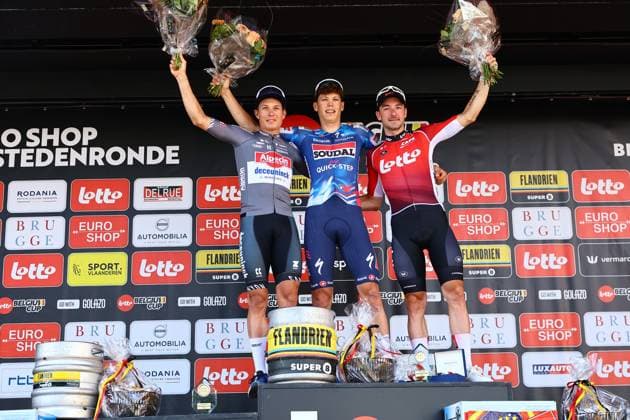 Belgian Jasper Philipsen of Alpecin-Deceuninck, French Paul Magnier of Soudal Quick-Step, Italian Attilio Viviani of Lotto and pictured on the podium after the Elfstedenronde one day cycling race, race 4 (out of 8) of the Lotto Belgium Cup, 196 km with start and finish in Brugge, Sunday 15 June 2025. DAVIDxPINTENS  x127048072x