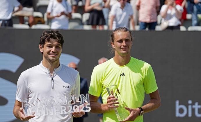 15.06.25 Tennis BOSS Open Stuttgart Weissenhof 2025 Deutschland, Stuttgart, 15.06.2025, Tennis, BOSS Open Stuttgart Weissenhof 2025: v.l. Taylor Fritz (Sieger), Alexander Zverev.