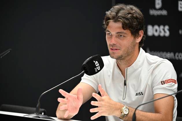 PK Pressekonferenz Taylor Fritz (USA) Portrait Gestik Geste Tennis Herren BOSS Open ATP, Tennis Herren 250 Stuttgart 2025 Weissenhof BOSS Open ATP 250 Stuttgart 2025