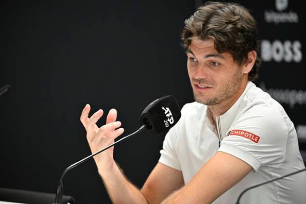 PK Pressekonferenz Taylor Fritz (USA) Portrait Gestik Geste Tennis Herren BOSS Open ATP, Tennis Herren 250 Stuttgart 2025 Weissenhof BOSS Open ATP 250 Stuttgart 2025