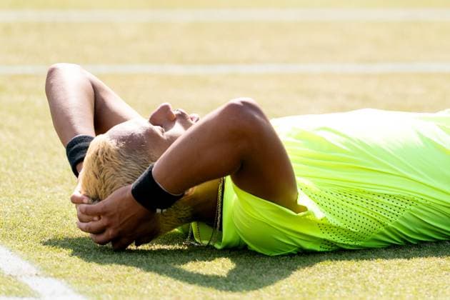 2025-06-15 2025 Libema Open Grass Court Championships ROSMALEN, NETHERLANDS - JUNE 15: Gabriel Diallo of Canada celebrating his sides win during Day Seven of 2025 Libema Open Grass Court Championships at Autotron on June 15, 2025 in Rosmalen, Netherlands. Rosmalen Autotron Netherlands Content not available for redistribution in The Netherlands directly or indirectly through any third parties. Copyright: xJorisxVerwijstx