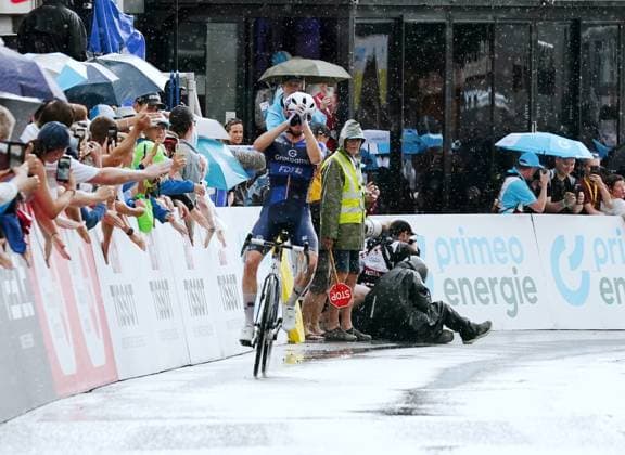 15.06.2025 Schweiz. Tour de Suisse Herren 2025.+.Etappe Kuessnacht - Kuesnacht.Bild :Romain Gregoire (FRA) Team GFC Groupama-FDJ Jubel Jubelt Aktion