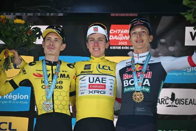 15-06-2025 Criterium Du Dauphine Libere; Tappa 08 Val D arc - Plateau Du Mont Cenis; 2025, Uae Team Emirates - Xrg; 2025, Visma - Lease A Bike; 2025, Red Bull - Bora Hansgrohe; Pogacar, Tadej; Vingegaard, Jonas; Lipowitz, Florian; Plateau Du Mont Cenis; 