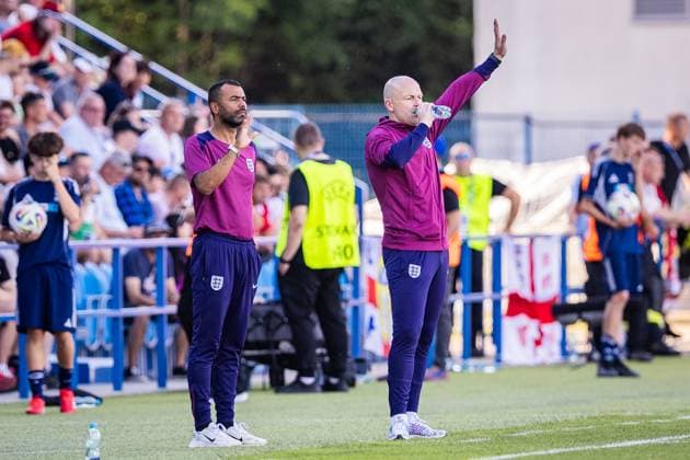 ENGLAND U21, U 21 - SLOVENIA U21 Head coach of England U21 Lee Carsley and assistant manager Ashley Cole during the UEFA European Under-21 Championship 2025 Group B football match between England U21 and Slovenia U21. Stadium Nitra Arena, Nitra, Slovakia, June 15, 2025. Photo by Branislav Racko Copyright: xx 080A3627