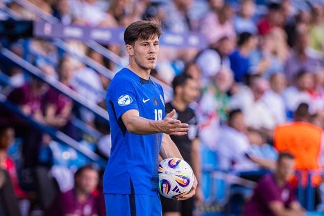 ENGLAND U21, U 21 - SLOVENIA U21 Marko Brest of Slovenia during the UEFA European Under-21 Championship 2025 Group B football match between England U21 and Slovenia U21. Stadium Nitra Arena, Nitra, Slovakia, June 15, 2025. Photo by Branislav Racko Copyright: xx 080A3688