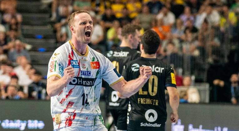 15.06.2025, Handball, Herren, Truckscout 25 EHF Final4 2025, Champions League, Final Four 2024, EHF, Finale, Füchse Berlin - SC Magdeburg, Ömar Ingi Magnusson (SC Magdeburg) jubelt nach dem Schlusspfiff über den Sieg. Köln Lanxess Arena Nordrhein-Westfalen Deutschland