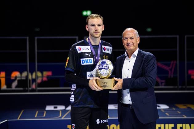 COLOGNE, GERMANY - 15 JUNE, 2025: Mathias Gidsel - The final match of TruckScout24 EHF FINAL4 Fuchse Berlin vs SC Magdeburg at Lanxess Arena.  Copyright: xVITALIIxKLIUIEVx