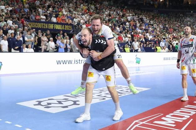 15.06.2025, xgox,Handball, EHF Champions League Finale, Fuechse Berlin - SC Magdeburg v.l. Tim Zechel (Magdeburg, 9), Albin Lagergren (Magdeburg, 21) Jubel ueber den Sieg, Jubel nach Spielende Koeln