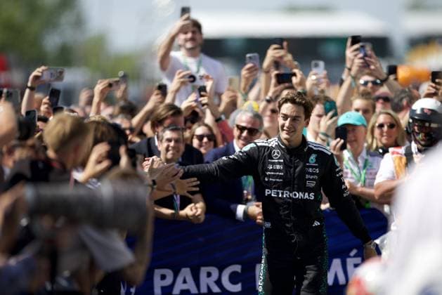 F1 Grand Prix of Canada MONTREAL, QUEBEC - JUNE 15: George Russell of Mercedes-AMG Petronas F1 team celebrates after winning the F1 Grand Prix of Canada at Circuit Gilles Villeneuve in Montreal, Quebec, Canada on June 15, 2025. Mert Alper Dervis Anadolu Quebec Canada. Editorial use only. Please get in touch for any other usage.  Copyright: x2025xAnadoluxMertxAlperxDervisx