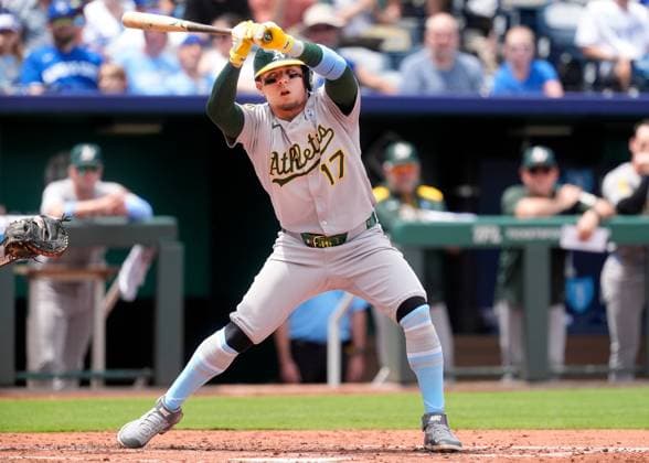 June 15, 2025: Athletics second base Luis UroÂ­as (17) lurches back after a pitch inside against the Royals at Kauffman Stadium Kansas City, Missouri. CSM. Kansas City United States - ZUMAc04_ 20250615_zma_c04_089 Copyright: xJonxRobichaudx