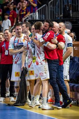 Handball Köln 15.06.2025 EHF Final4 2025 Champions League Championsleague Finale Füchse Berlin - SC Magdeburg Bennet Wiegert (Magdeburg, Trainer) Jubel Claar Felix (Magdeburg, No.07)