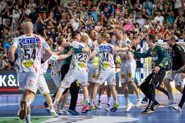Handball Köln 15.06.2025 EHF Final4 2025 Champions League Championsleague Finale Füchse Berlin - SC Magdeburg Der SC Magdeburg ist Champions League Sieger 2025 Jubel Hernandez Ferrer Sergey (Magdeburg, TW, No.01) Magnusson Omar Ingi (Magdeburg, No.14) Jensen Magnus Saugstrup (Magdeburg, No.23) Portner Nikola (Magdeburg, TW, No.80) Weber Philipp (Magdeburg, No.20) Bergendahl Oscar (Magdeburg, No.54) und andere
