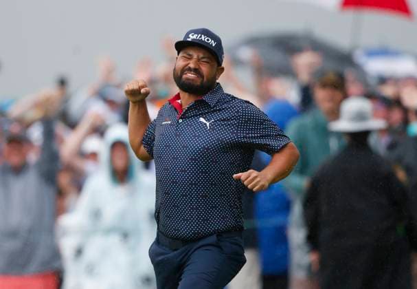 J.J. Spaun celebrates after winning the 125th U.S. Open Golf Championship at Oakmont Country Club in Oakmont, Pennsylvania on Sunday, June 15, 2025. Spaun won with a 64-foot birdie putt on the 18th hole and finished at 1 under par for the tournament.  PIT202506152001 JOHNxANGELILLO