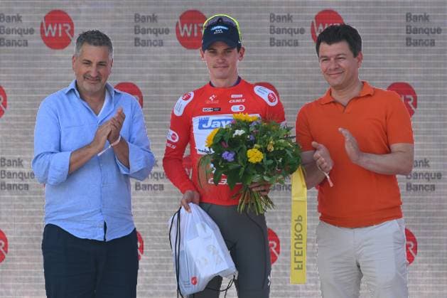 Tour de Suisse 2025 Stage 2 SCHWARZSEE LAC NOIR, SWITZERLAND - JUNE 16 : Engelhardt Felix (GER) of Team Jayco AlUla wearing the mountain jersey on the podium after stage 2 of the 88th edition of Tour de Suisse an UCI World Tour 2.UWT cycling road race stage for Men Elite of 177 km with start in Aarau and finish in Schwarzsee Lac Noir on June 16, 2025 in Schwarzsee Lac Noir, Switzerland, 16 06 2025 ( Motordriver Kenny Verfaillie - Schwarzsee Lac Noir Switzerland  Copyright: xVincentxKalutx