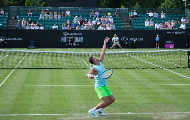 Nottingham Tennis Centre Nottingham, England - June 16th : James Mccabe serves to George Loffhagan during the first round match in the Lexus Nottingham Tennis Open on June 16th, 2025 in Nottingham, England (Paul Bonser SPP) Copyright: xPaulxBonser SPPx spp-en-PaBo-Lexus Nottingham Open 2481