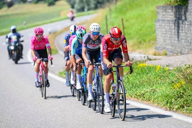 Tour de Suisse 2025 Stage 3 HEIDEN, SWITZERLAND - JUNE 17 : Verstrynge Emiel (BEL) of Alpecin - Deceuninck, Van Moer Brent (BEL) of Lotto leading the escape pack during stage 3 of the 88th edition of Tour de Suisse an UCI World Tour 2.UWT cycling road race stage for Men Elite of 195.6 km with start in Aarau and finish in Heiden on June 17, 2025 in Heiden, Switzerland, 17 06 2025 ( Motordriver Kenny Verfaillie - Heiden Switzerland  Copyright: xVincentxKalutx