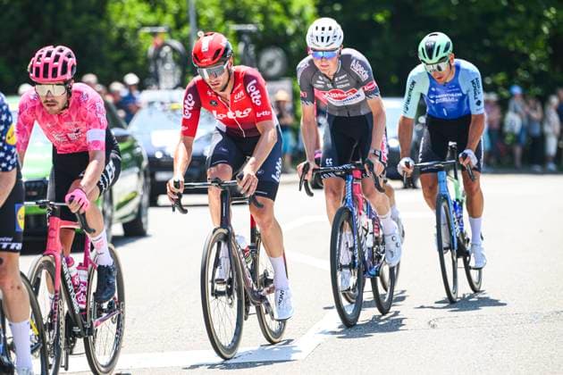 Tour de Suisse 2025 Stage 3 HEIDEN, SWITZERLAND - JUNE 17 : Verstrynge Emiel (BEL) of Alpecin - Deceuninck and Van Moer Brent (BEL) of Lotto in the escape pack during stage 3 of the 88th edition of Tour de Suisse an UCI World Tour 2.UWT cycling road race stage for Men Elite of 195.6 km with start in Aarau and finish in Heiden on June 17, 2025 in Heiden, Switzerland, 17 06 2025 ( Motordriver Kenny Verfaillie - Heiden Switzerland  Copyright: xVincentxKalutx