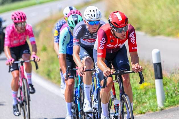 Tour de Suisse 2025 Stage 3 HEIDEN, SWITZERLAND - JUNE 17 : Verstrynge Emiel (BEL) of Alpecin - Deceuninck, Van Moer Brent (BEL) of Lotto leading the escape pack during stage 3 of the 88th edition of Tour de Suisse an UCI World Tour 2.UWT cycling road race stage for Men Elite of 195.6 km with start in Aarau and finish in Heiden on June 17, 2025 in Heiden, Switzerland, 17 06 2025 ( Motordriver Kenny Verfaillie - Heiden Switzerland  Copyright: xVincentxKalutx