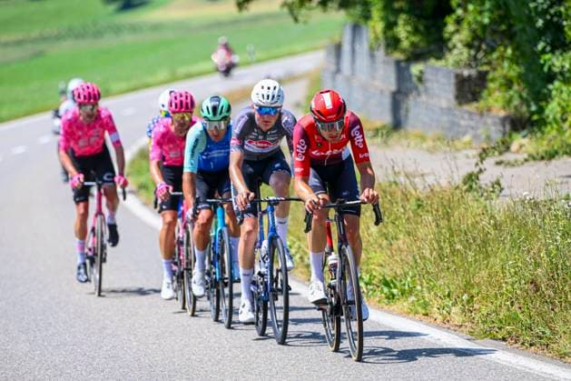 Tour de Suisse 2025 Stage 3 HEIDEN, SWITZERLAND - JUNE 17 : Verstrynge Emiel (BEL) of Alpecin - Deceuninck, Van Moer Brent (BEL) of Lotto leading the escape pack during stage 3 of the 88th edition of Tour de Suisse an UCI World Tour 2.UWT cycling road race stage for Men Elite of 195.6 km with start in Aarau and finish in Heiden on June 17, 2025 in Heiden, Switzerland, 17 06 2025 ( Motordriver Kenny Verfaillie - Heiden Switzerland  Copyright: xVincentxKalutx