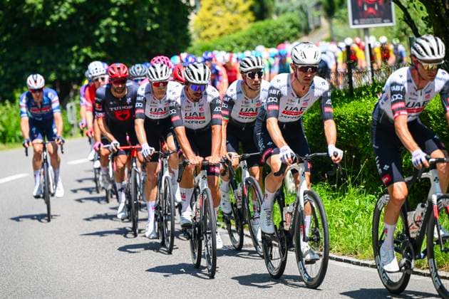 Tour de Suisse 2025 Stage 3 HEIDEN, SWITZERLAND - JUNE 17 : Riders of Team UAE Team Emirates - XRG in action during stage 3 of the 88th edition of Tour de Suisse an UCI World Tour 2.UWT cycling road race stage for Men Elite of 195.6 km with start in Aarau and finish in Heiden on June 17, 2025 in Heiden, Switzerland, 17 06 2025 ( Motordriver Kenny Verfaillie - Heiden Switzerland  Copyright: xVincentxKalutx