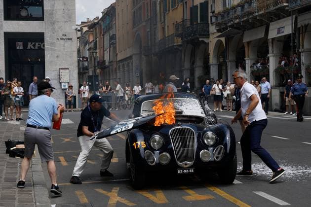 Bilder des Jahres 2025, Sport 06 Juni Sport Themen der Woche KW25 Sport Bilder des Tages Maik Jacobs and Danielle Groener with TALBOT-LAGO T26 GS on fire during the first stage of 1000 Miglia Historical Race in Brescia, Italy on June 17, 2025 during 1000Miglia - Stage 1, Historical Motors in Brescia, Italy, June 17 2025  Copyright: xRichardxMorgano IPAxSportx xipa-agency.netx xx IPA_59165207 IPA_Agency_IPA59165207