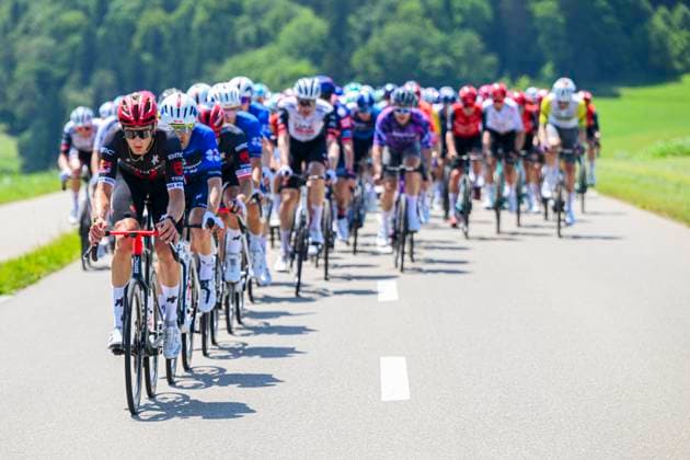 Tour de Suisse 2025 Stage 3 HEIDEN, SWITZERLAND - JUNE 17 : Rider of Tudor Pro Cycling Team leading the peloton during stage 3 of the 88th edition of Tour de Suisse an UCI World Tour 2.UWT cycling road race stage for Men Elite of 195.6 km with start in Aarau and finish in Heiden on June 17, 2025 in Heiden, Switzerland, 17 06 2025 ( Motordriver Kenny Verfaillie - Heiden Switzerland  Copyright: xVincentxKalutx