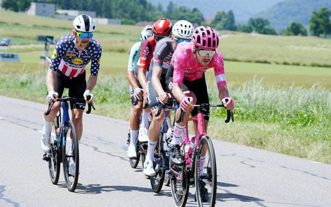 17.06.2025 Schweiz. Tour de Suisse Herren 2025 2. Etappe Aarau - Heiden. Bild : Die Ausreisser vorne Max Walker EF Education - Easypost,hinten Emiel Verstrynge Team Alpecin,Brent Van Moer Team Lotto links Quinn Simmons Team Lidl-Trek Aktion